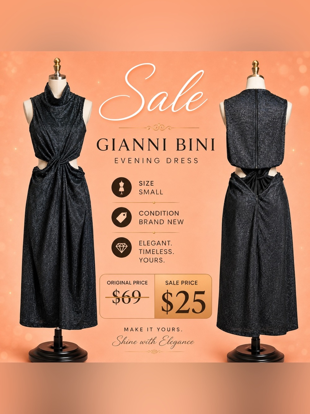 Gianni Bini Black Sparkle Midi Dress with Draped Neckline